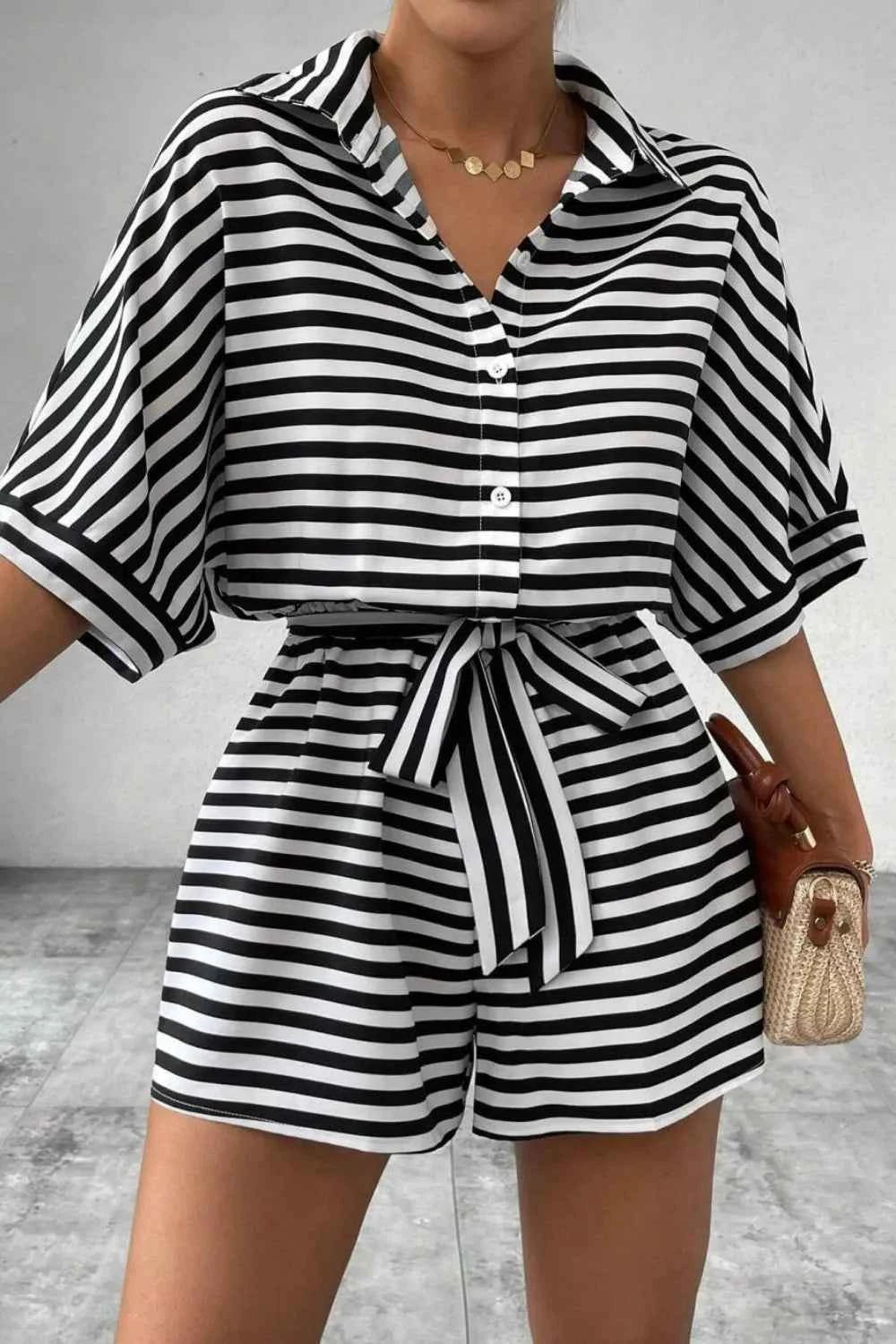 Striped Collared Neck Tie Waist Romper
