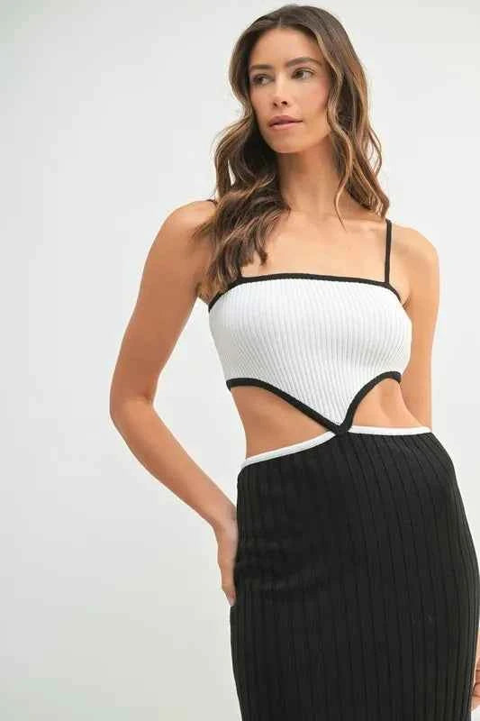 MABLE Ribbed Knit Color Block Cutout Midi Dress