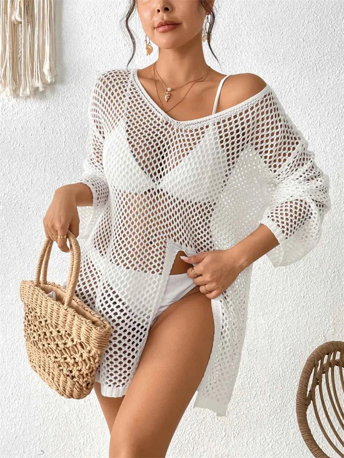 Openwork V-Neck Slit Cover-Up