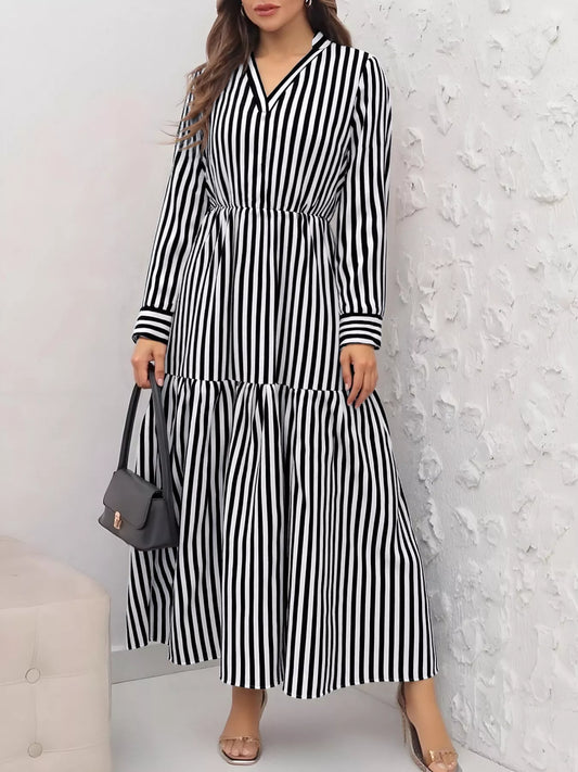 Striped Notched Long Sleeve Midi Dress – photo 2