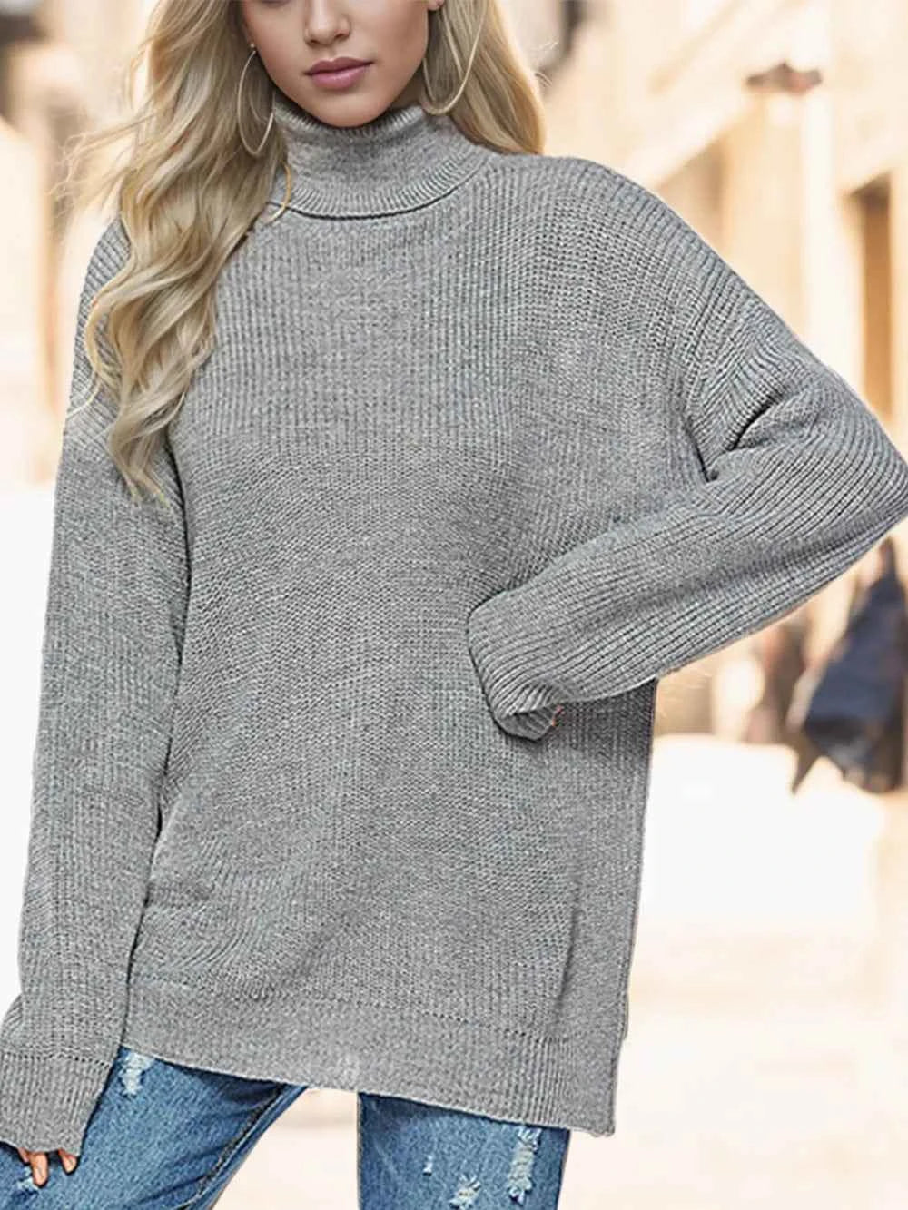 Turtleneck Drop Shoulder Long Sleeve Sweater — Livostyle