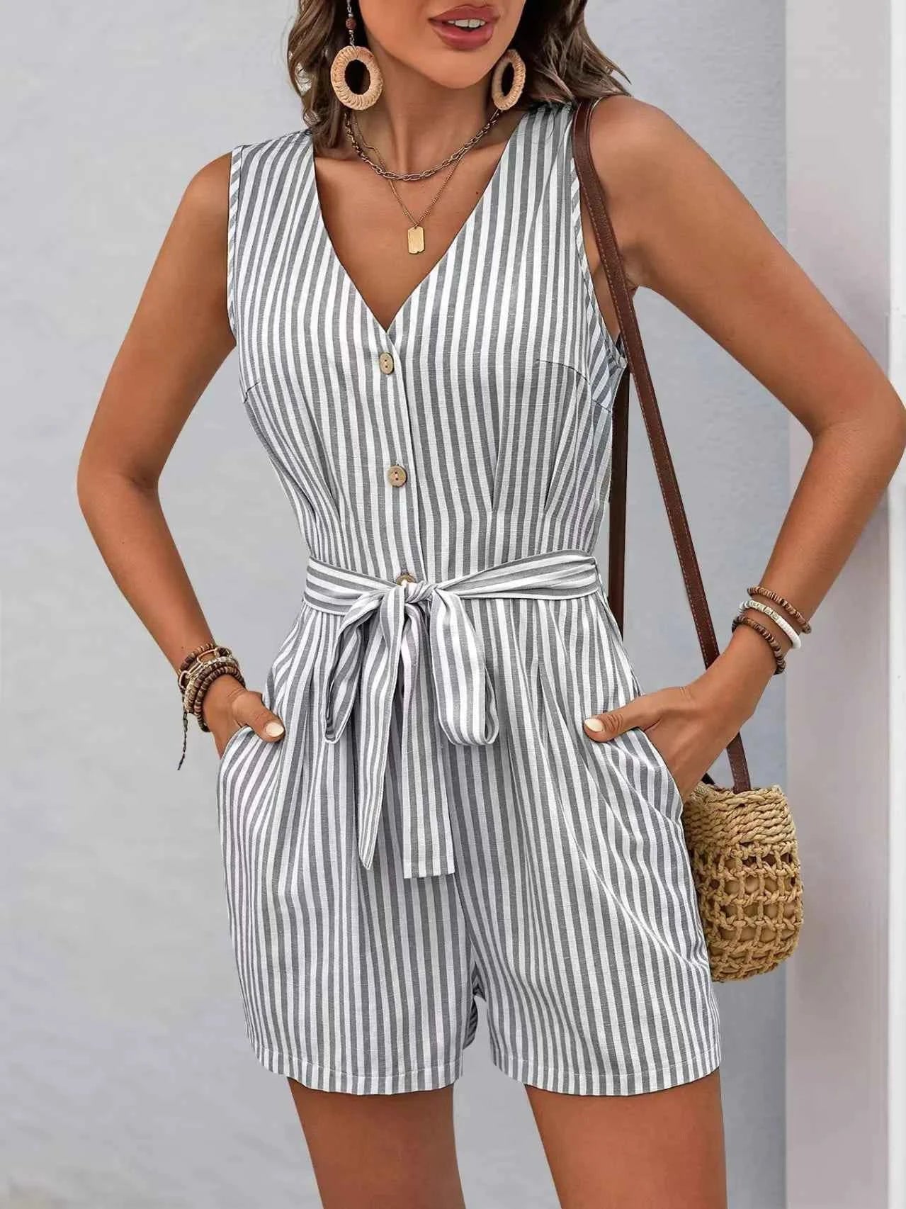 Striped V-neck Button Front Belted Romper