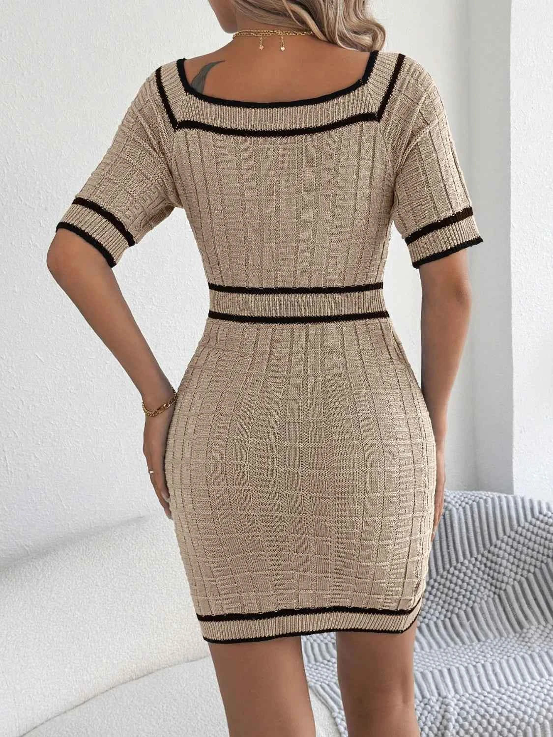 Decorative Button Short Sleeve Sweater Dress