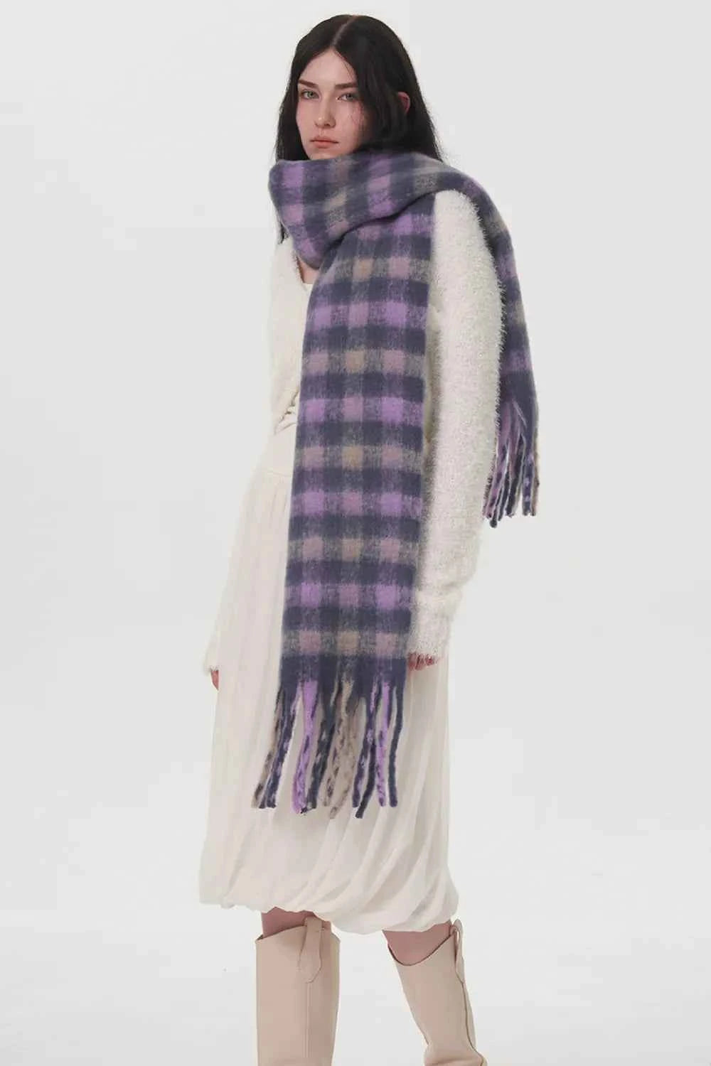 Fringe Plaid Polyester Scarf