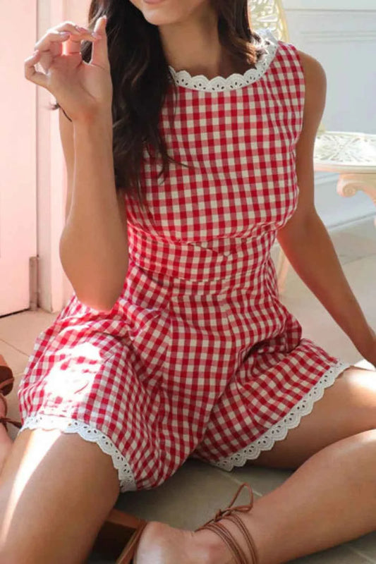 Lace Detail Plaid Sleeveless Romper