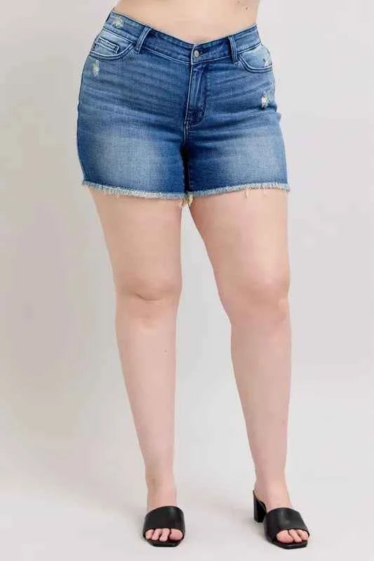Judy Blue Full Size V-Front Denim Shorts with Shield Pockets Plus Size