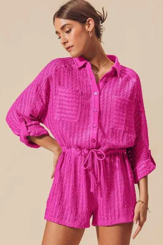 SO ME Textured Knit Button Front Romper