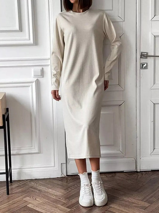 Round Neck Long Sleeve Midi Dress