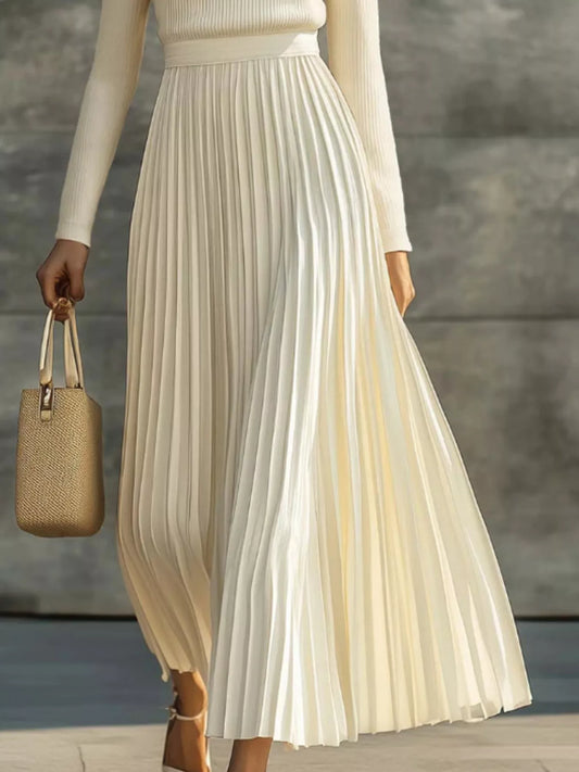 Ribbed Knit Pleated Midi Dress with Zipper