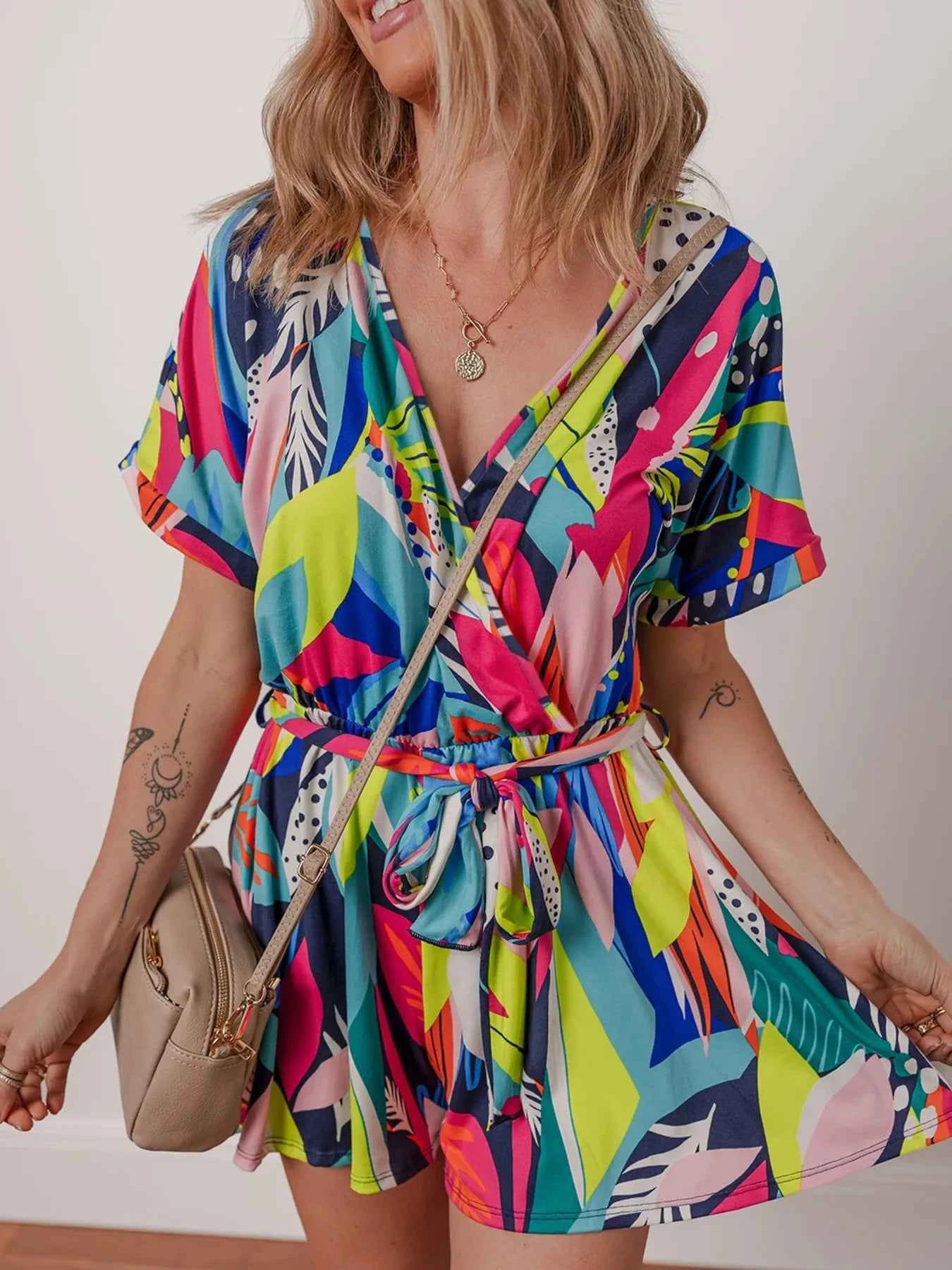 Multicolour Tropical Printed Surplice Neck Tie Waist Romper