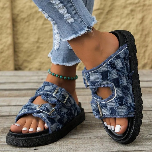 Raw Edge Checkered Cloth Buckle Sandals detail — Livostyle