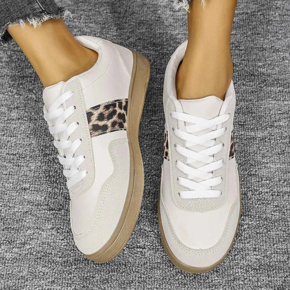 Stylish Leopard Print Lace-Up Sneakers with Round Toe