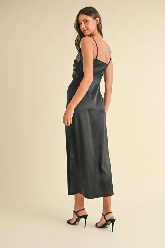 Embroidered Cami Satin Midi Dress with Slit