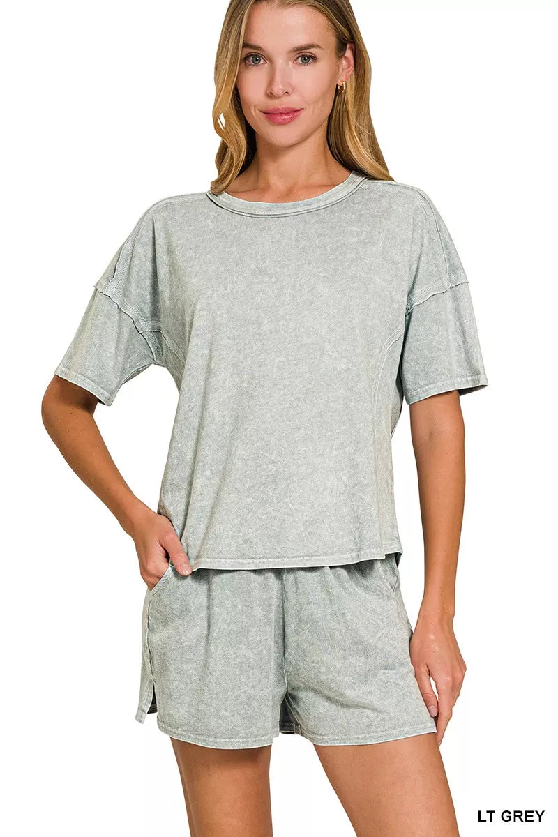 Halo Snow Washed Short Sleeve Tee and Shorts Set in LT GREY