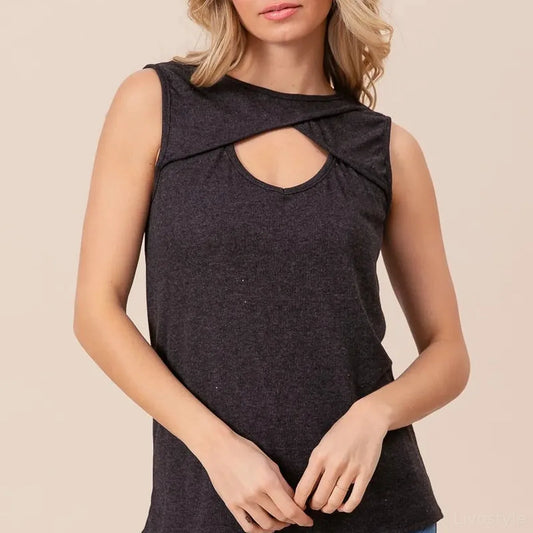 Chic Sleeveless Baby Rib Knit Top with Front Cutout Detail — square view — Livostyle