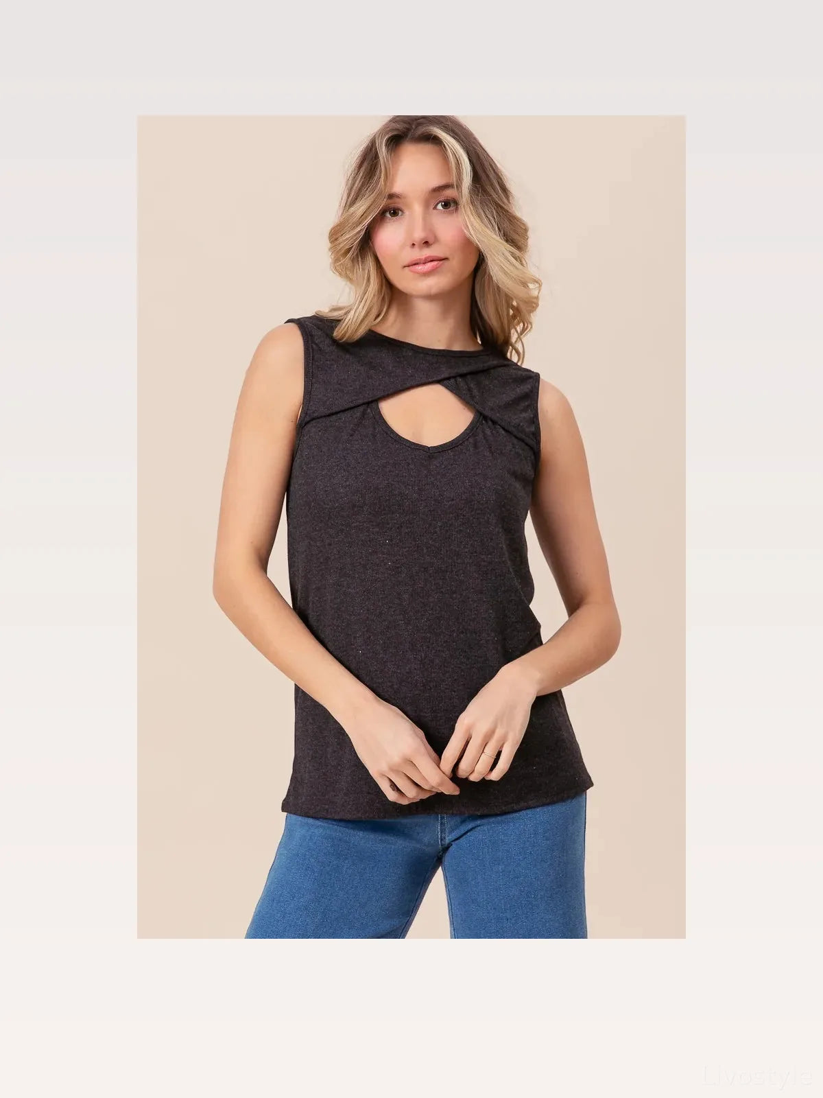 Chic Sleeveless Baby Rib Knit Top with Front Cutout Detail — styled showcase — Livostyle