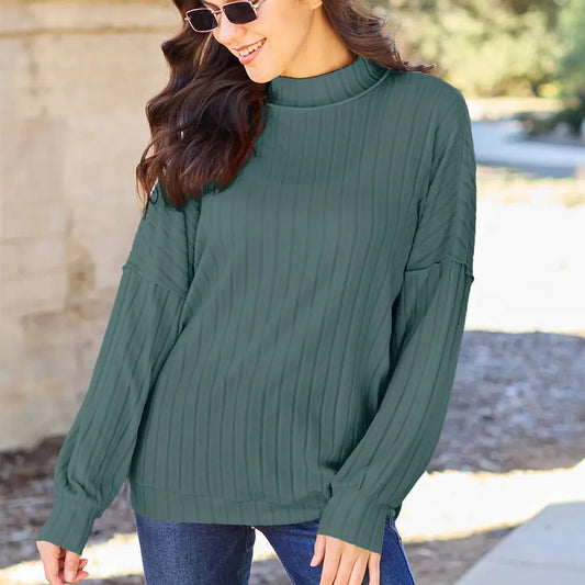 Chic Ribbed Mock Neck Top with Exposed Seams — square view — Livostyle