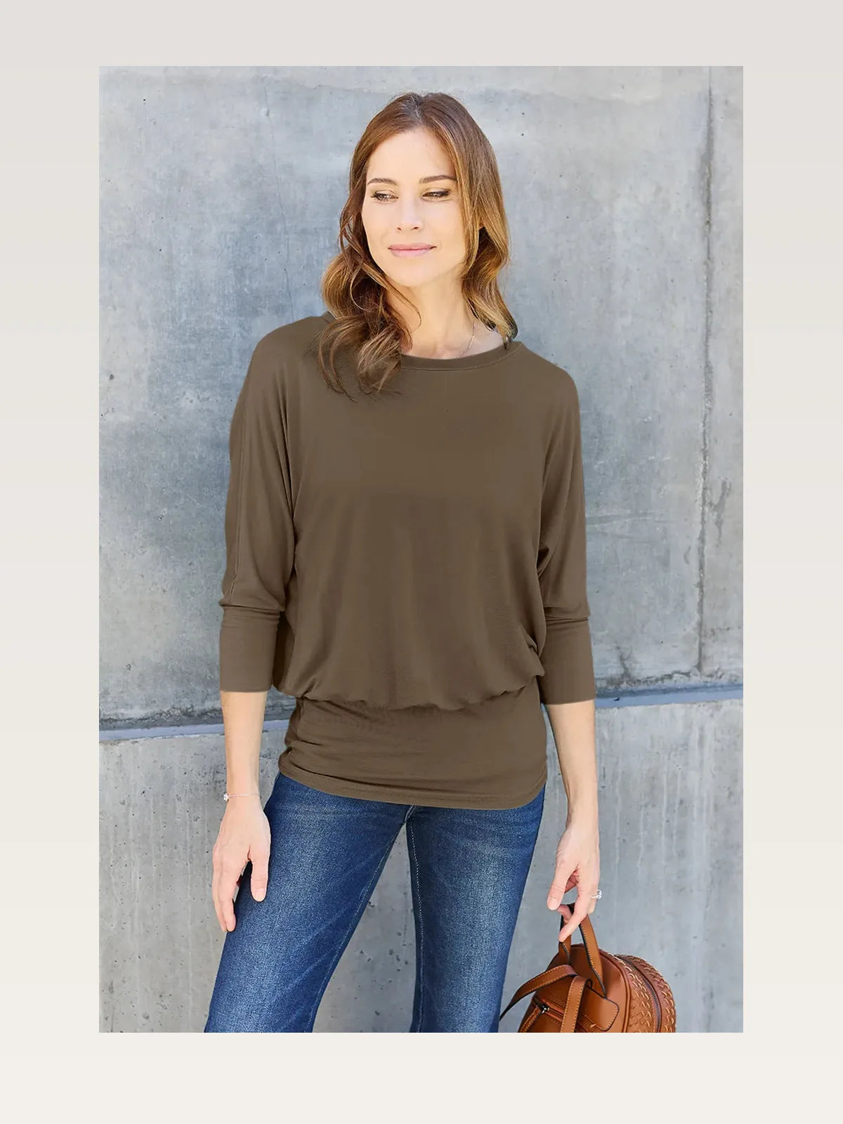 Elegant Full-Size Round Neck Top with Batwing Sleeves — styled showcase — Livostyle