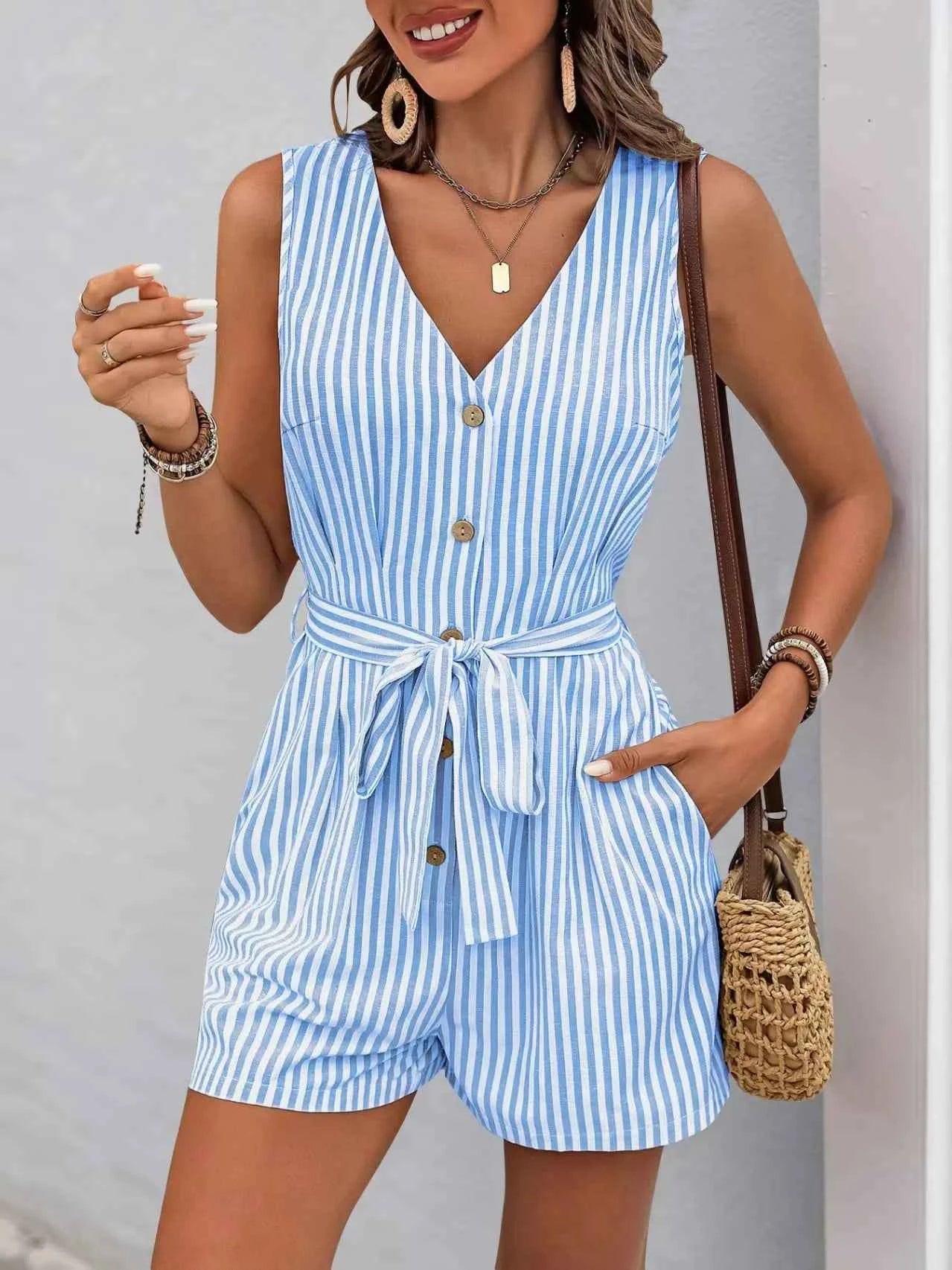 Striped V-neck Button Front Belted Romper