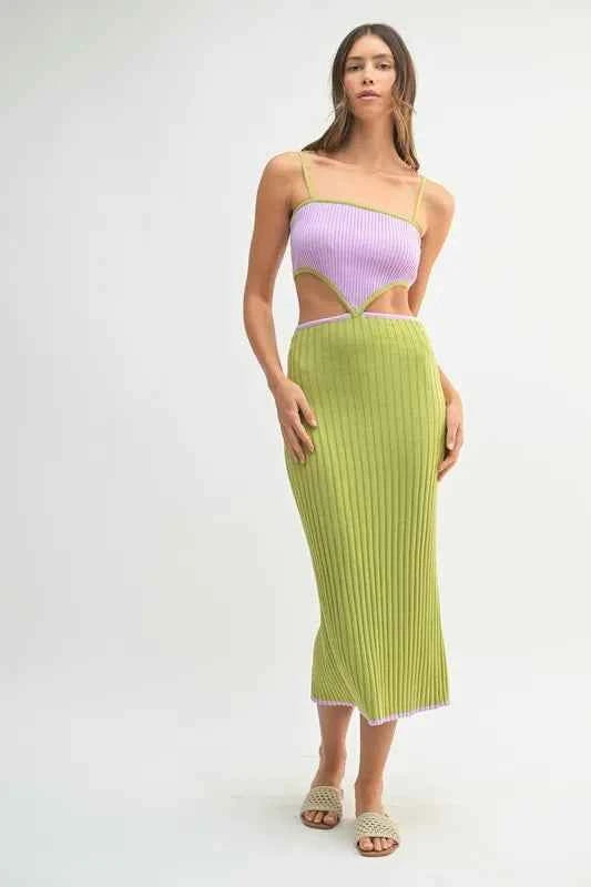 MABLE Ribbed Knit Color Block Cutout Midi Dress