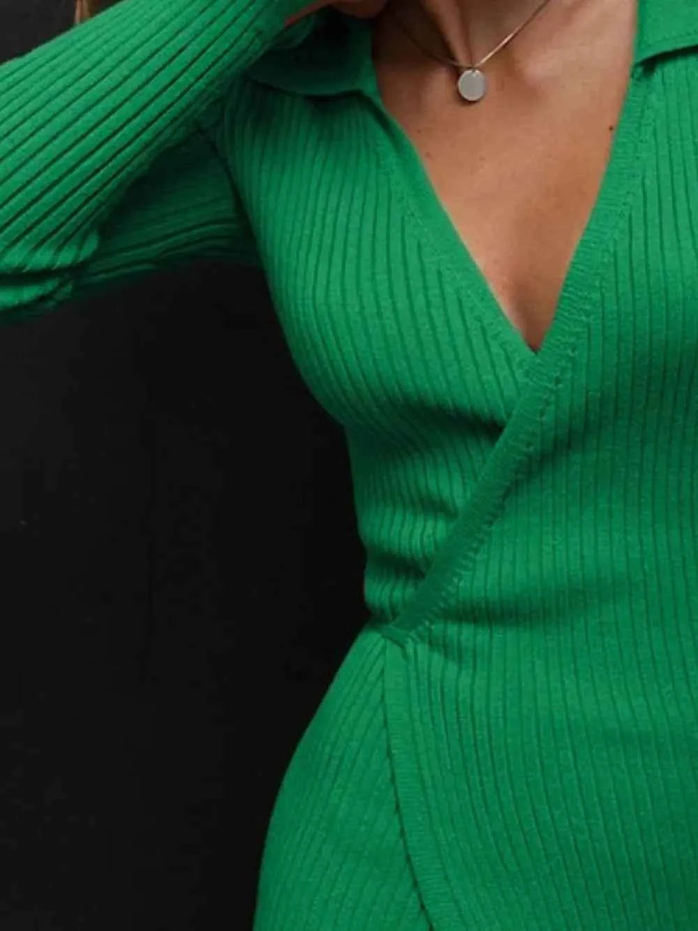 Tied Collared Neck Long Sleeve Sweater Dress