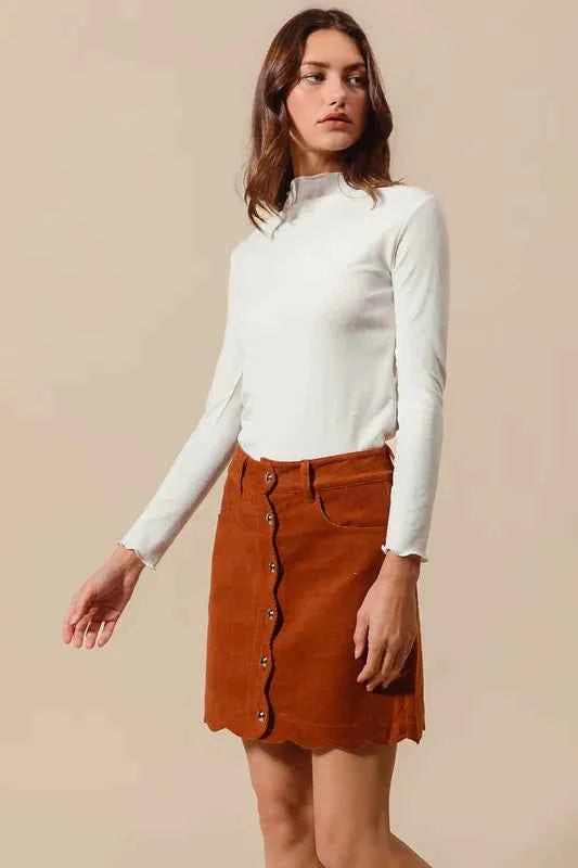 SO ME Scallop Buttoned Front Corduroy Mini Skirt