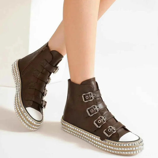 Trendy Punk-Inspired Multi-Buckle Studded Platform Sneakers — square view — Livostyle
