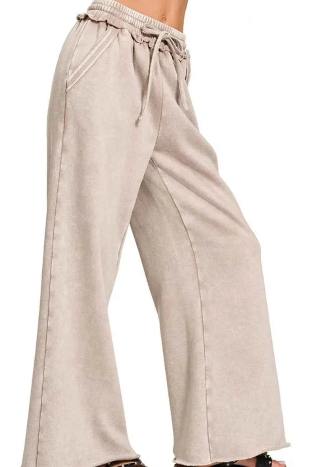 Zenana Acid Wash Fleece Palazzo Sweatpants with Pockets