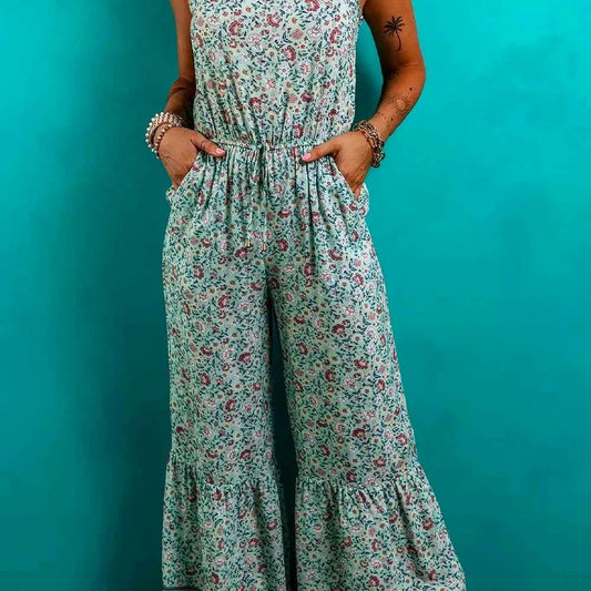 Bohemian Floral Ruffle Bottom Spaghetti Strap Jumpsuit — square view — Livostyle