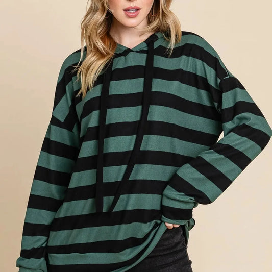 Chic Striped Drawstring Hoodie with Dropped Shoulders — square view — Livostyle