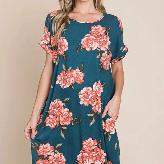 Stylish Floral Tee Dress with Pockets — square view — Livostyle