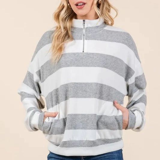Striped Quarter-Zip Sweatshirt with Drop Shoulder Design — square view — Livostyle