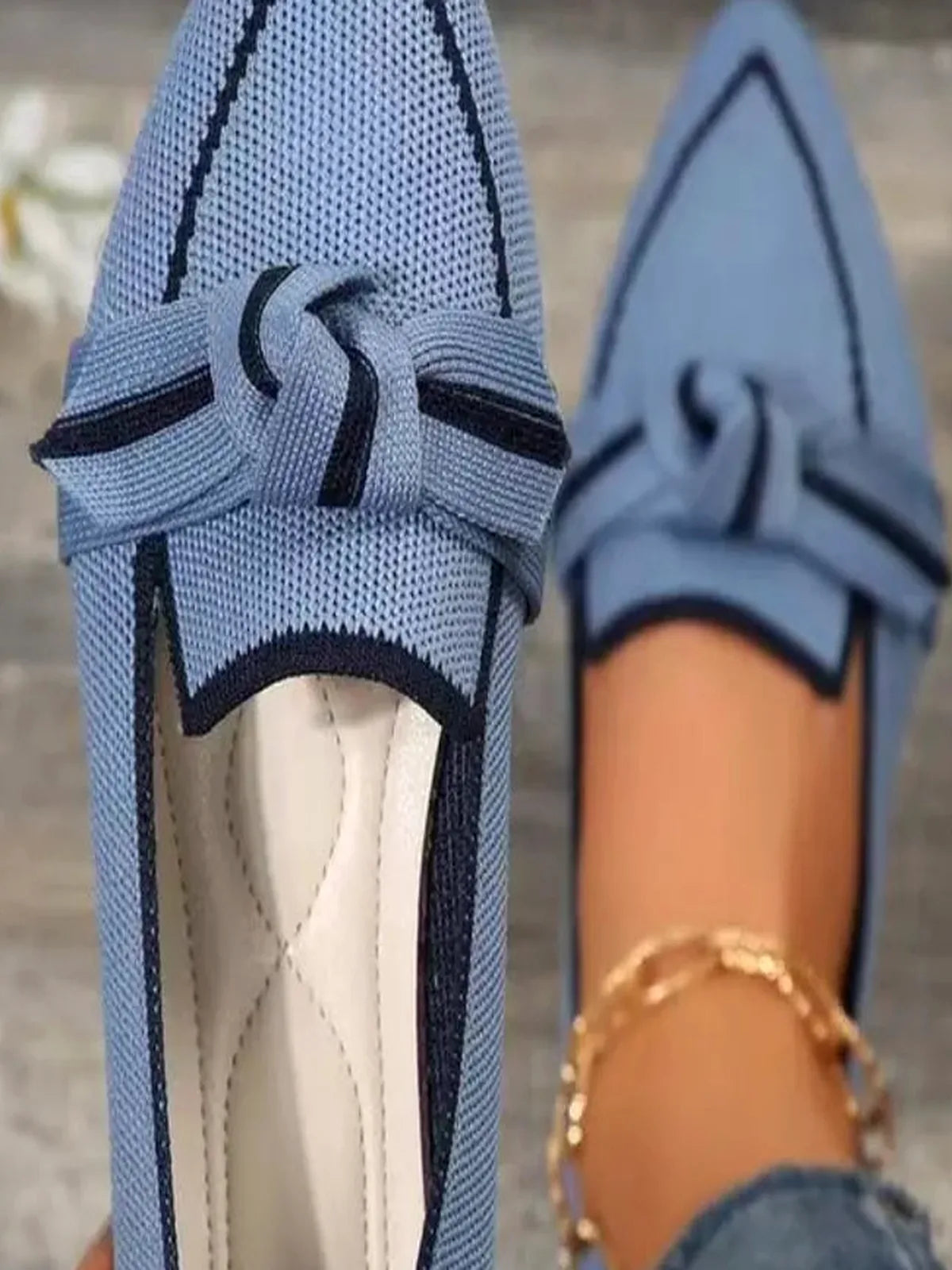 Stylish Point Toe Loafers with Bow Contrast Trim — detail view — Livostyle