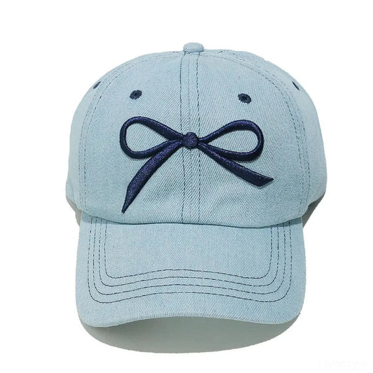 Bow Embroidered Denim Baseball Cap — square view — Livostyle