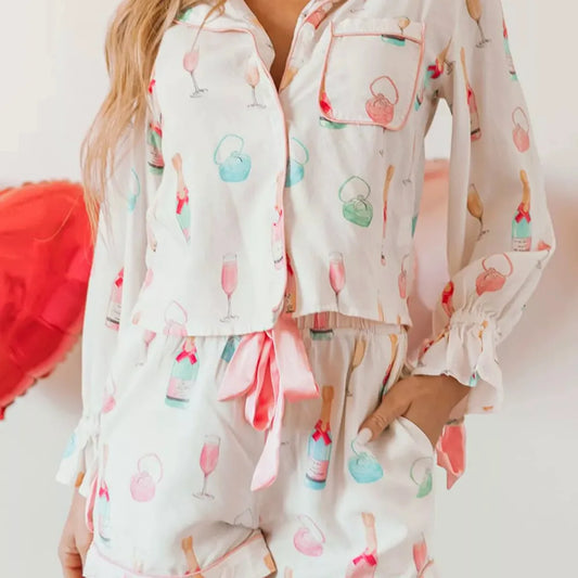 Bow Printed Collared Neck Top and Drawstring Shorts Lounge S — square view — Livostyle