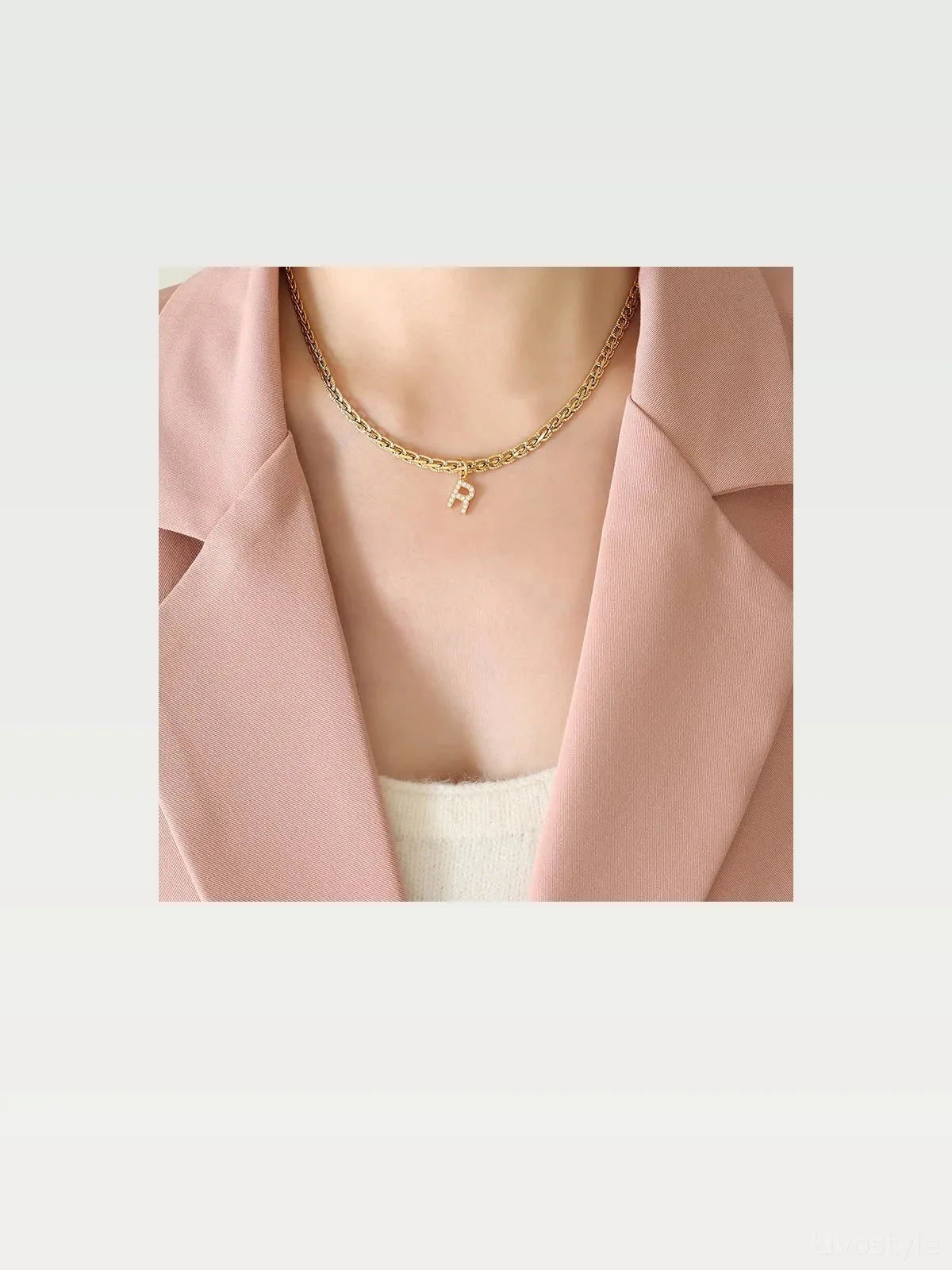 Brass Inlaid Zircon Letter R Pendant Necklace — styled showcase — Livostyle