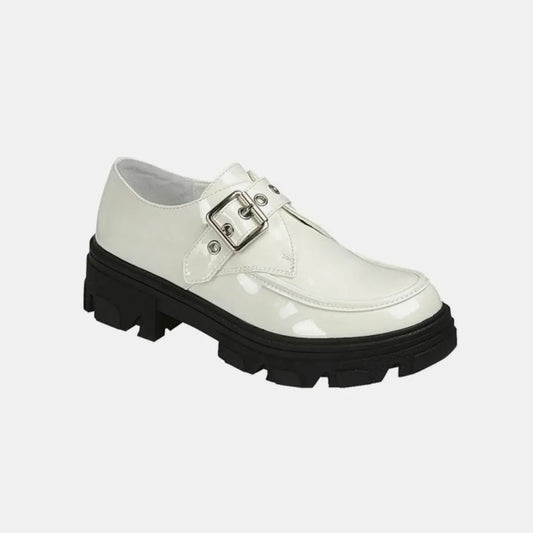 Trendy Vegan Leather Loafers with Buckle and Platform Lug So — square view — Livostyle