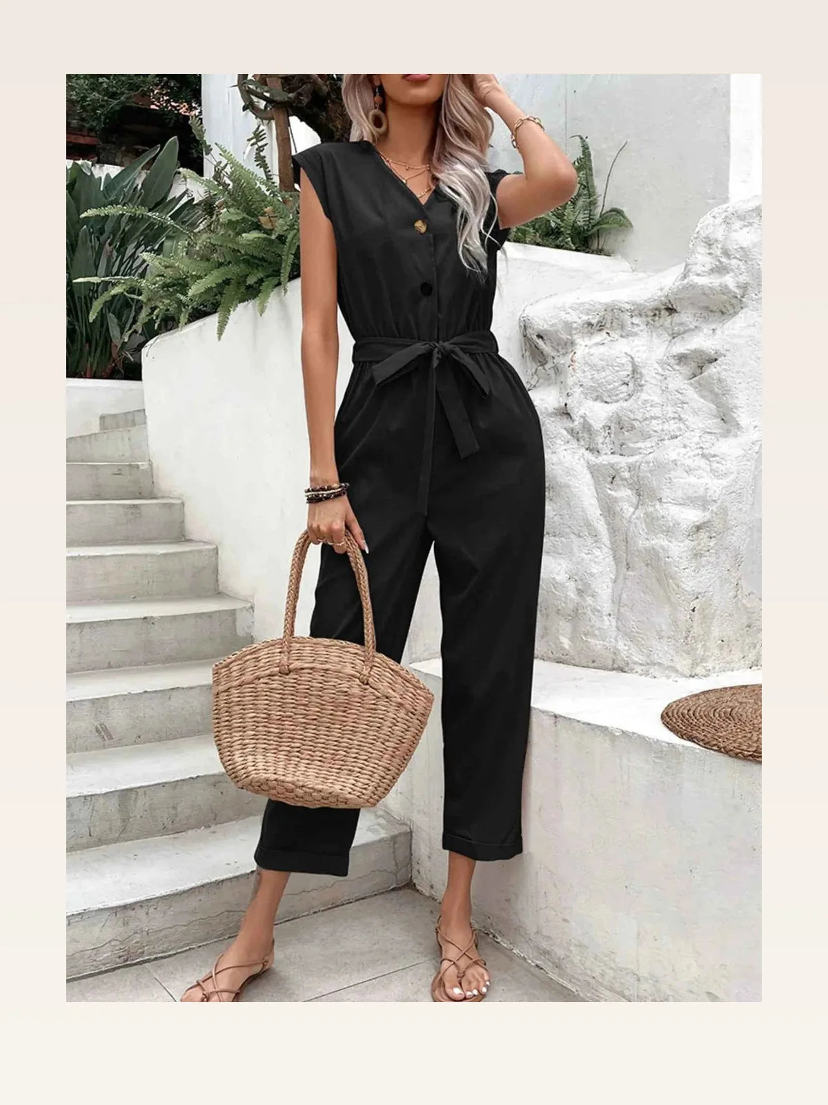 Button-Front Tie Waist Jumpsuit — styled showcase — Livostyle