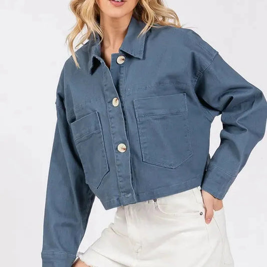Button Down Cropped Denim Jacket with Patch Pockets in Frenc — square view — Livostyle