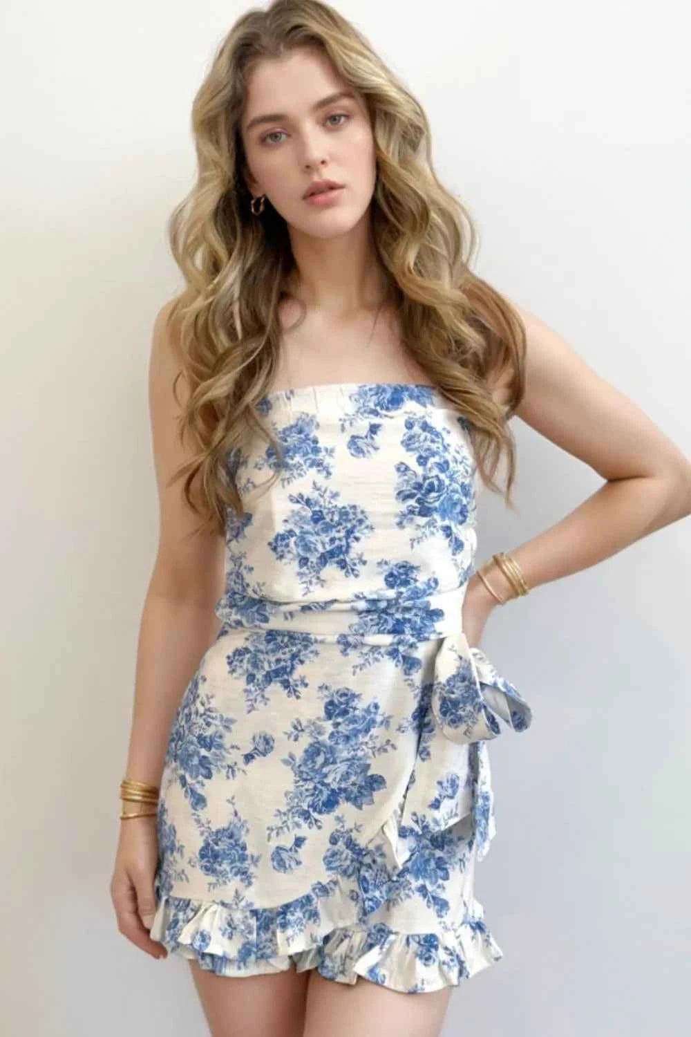 Printed Strapless Ruffle Hem Wrap Romper