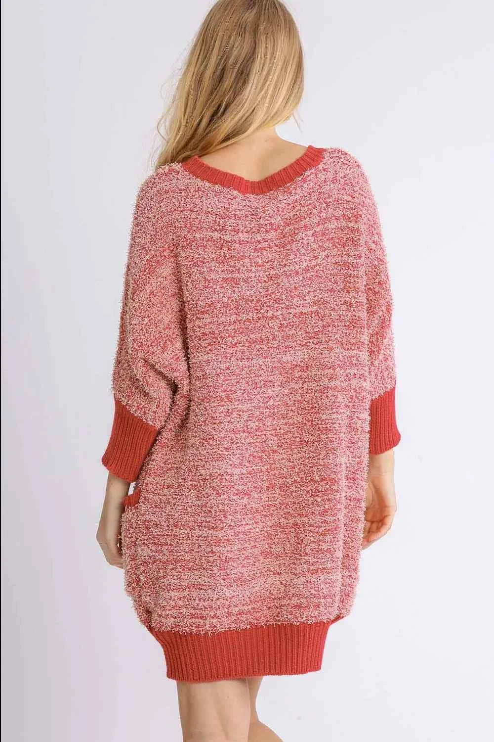 Umgee Full Size Ribbed Hem Round Neck 3/4 Sleeve Sweater Dress with Pockets Plus Size