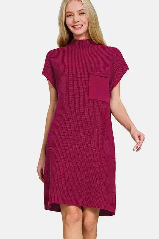 Mock Neck Short Sleeve Sweater Dress — Livostyle