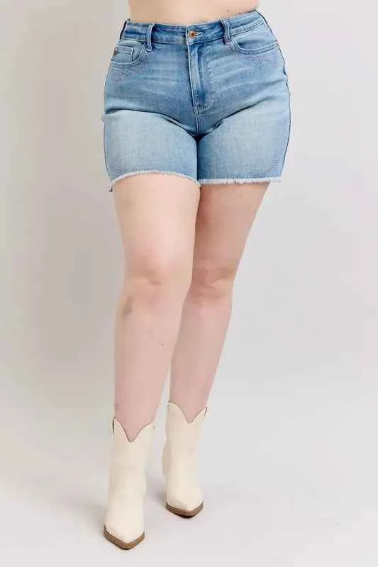 Judy Blue Full Size High Waist Western Embroidery Detail Cut Off Denim Shorts Plus Size