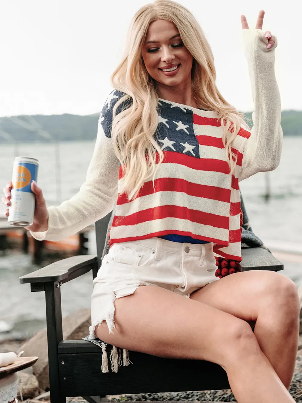 US Flag Boat Neck Long Sleeve Knit Top closeup — Livostyle