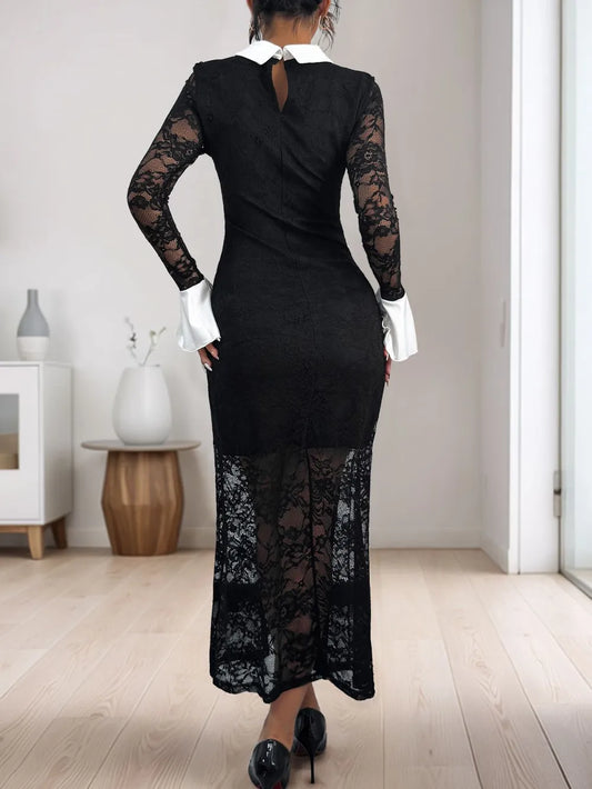 Lace Contrast Collar Long Sleeve Midi Dress