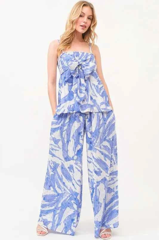 And The Why Smocked Tied Waist Abstract Print Wide Leg Pants