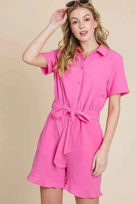 Lime 'N' Chili Collared Button Down Romper with Tie Belt
