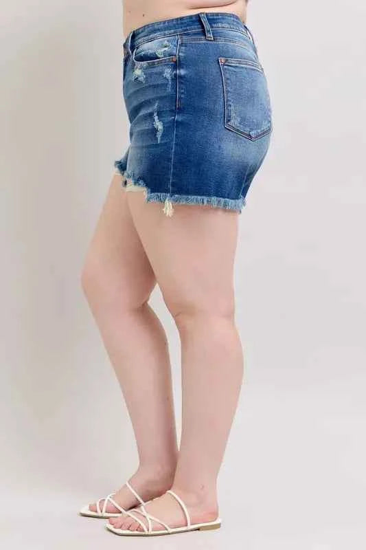 Judy Blue Plus Size 2 Button Dad Shorts with Destrroy