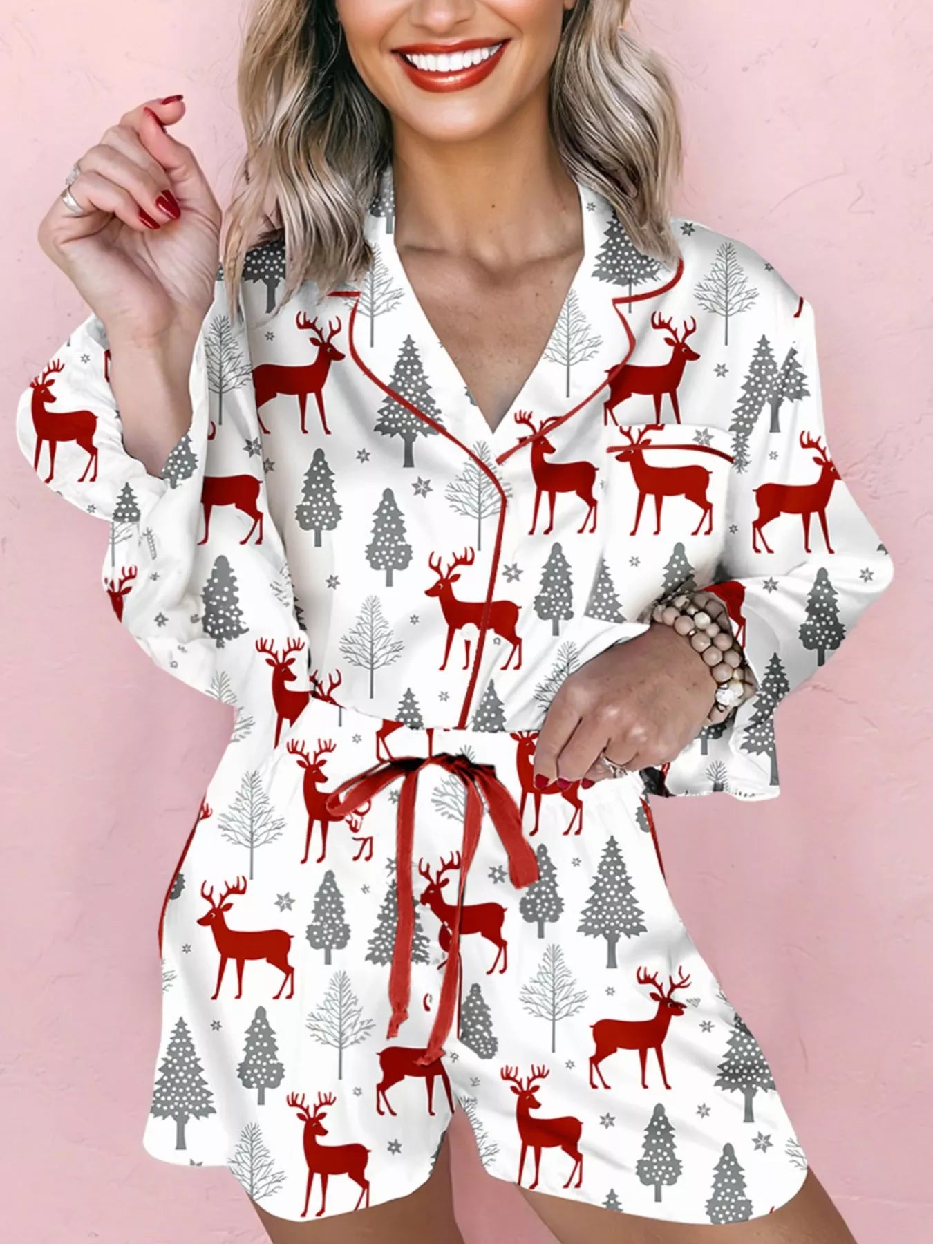 Christmas Fashion Print Velvet Trim Top and Shorts Pajama 2pcs Set — Livostyle