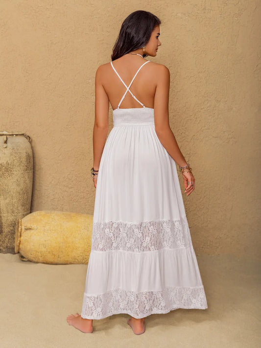 Lace Detail Crochet Tiered Maxi Cami Dress detail — Livostyle